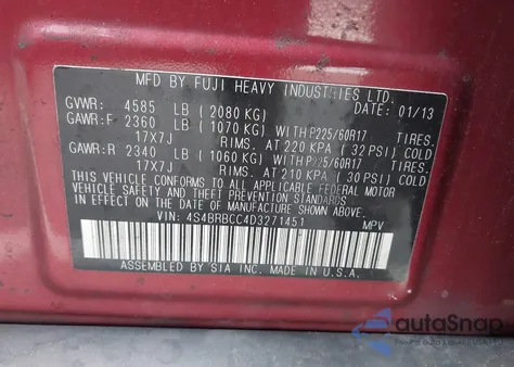 2013 Subaru Outback 2.5I Premium z USA, uszkodzony, nr VIN 4S4BRBCC4D3271451